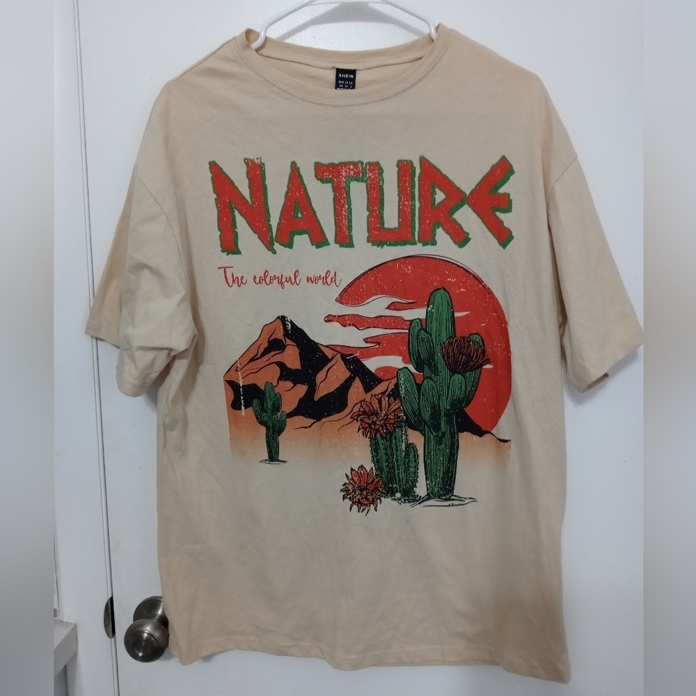 SHEIN SXY "Nature The Colorful World" SHORT SLEEVE BEIGE T SHIRT SIZE 2